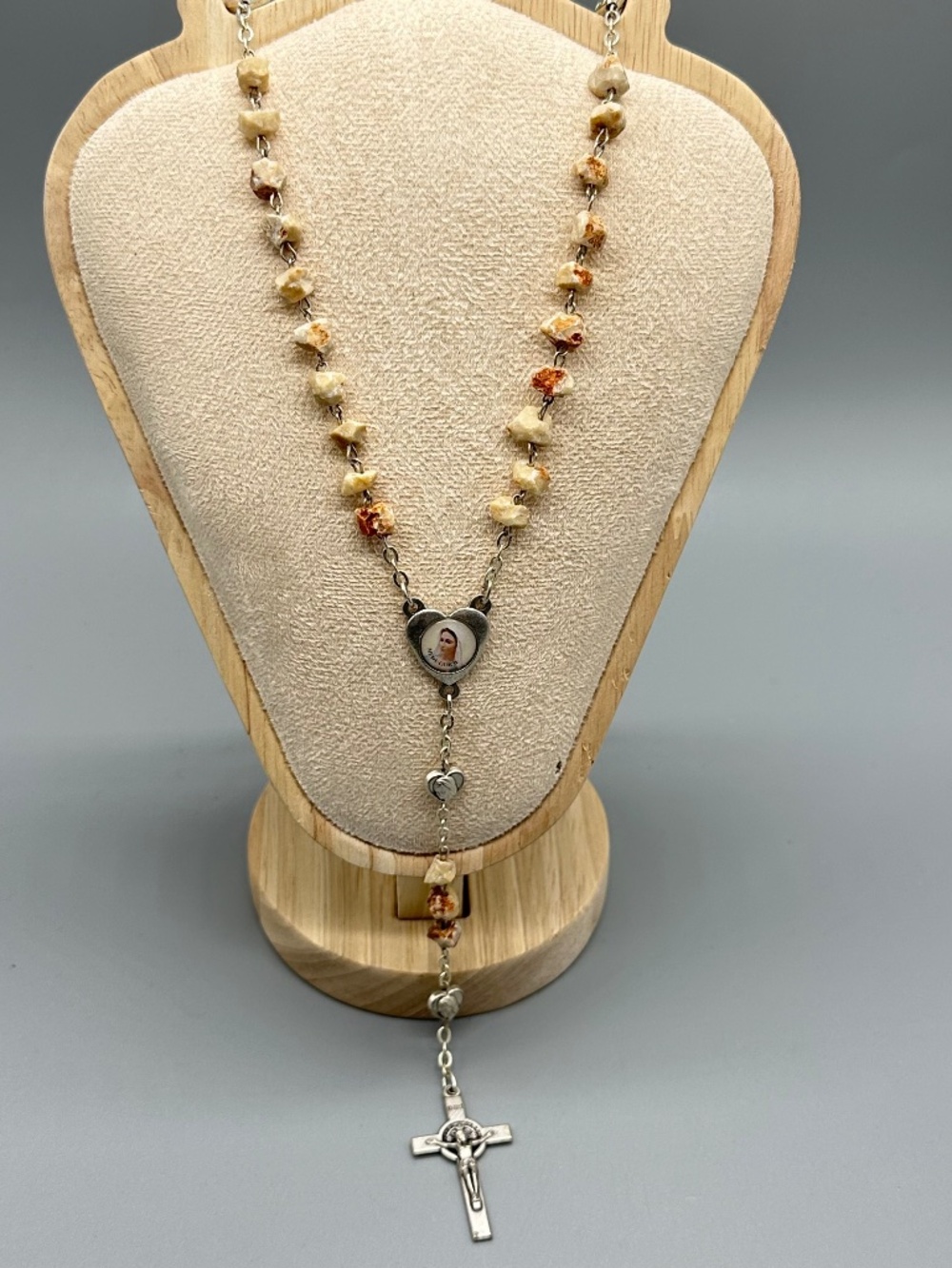 Vintage Italy Medugorje Natural Stone Heart Station Rosary Beads 18.5" Catholic